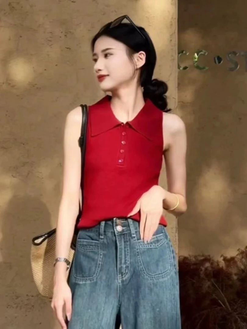 港风气质复古polo衫无袖背心上衣女2025夏高级感修身短款吊带外穿