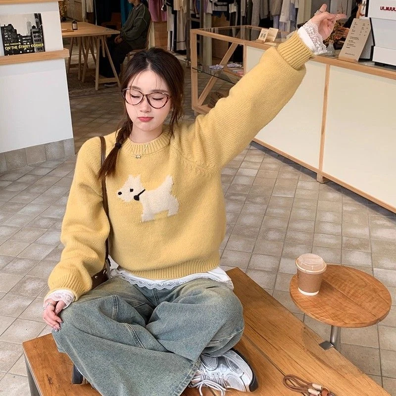 秋冬慵懒风毛衣女套头新款设计感小狗针织衫韩版显瘦甜妹ins上衣