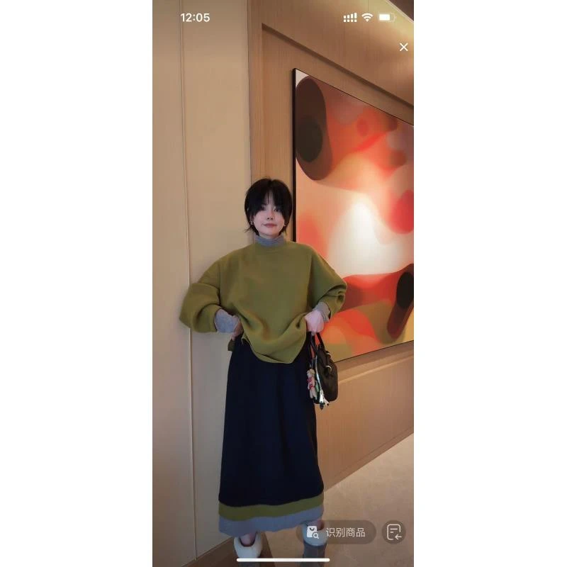 高品全羊毛下摆拼接松紧腰半裙  J24B653