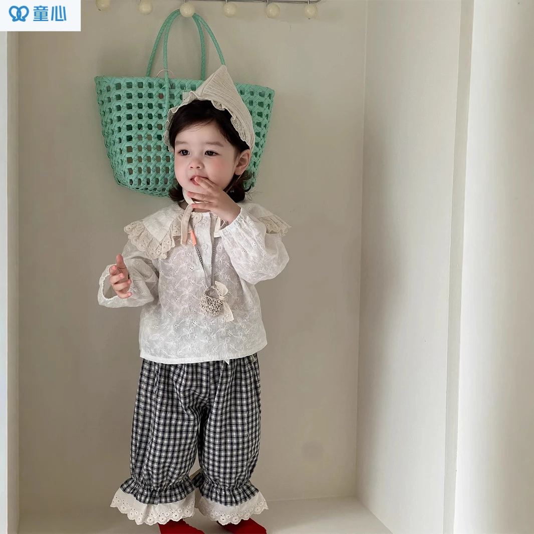 2025年儿童春款衣服新品韩版童装女童花边翻领衬衣格子长裤宝宝
