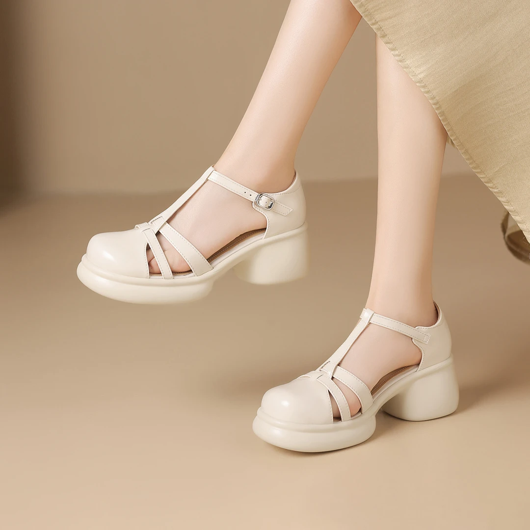 【艾菲】包头凉鞋女2025夏季粗跟百搭法式玛丽珍软底复古罗马凉鞋女