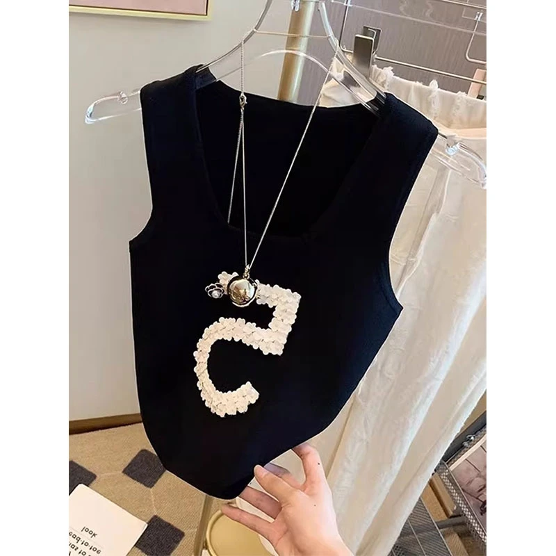 固质小香风法式亮片黑色背心高级感吊带女修身显瘦无袖针织衫外穿