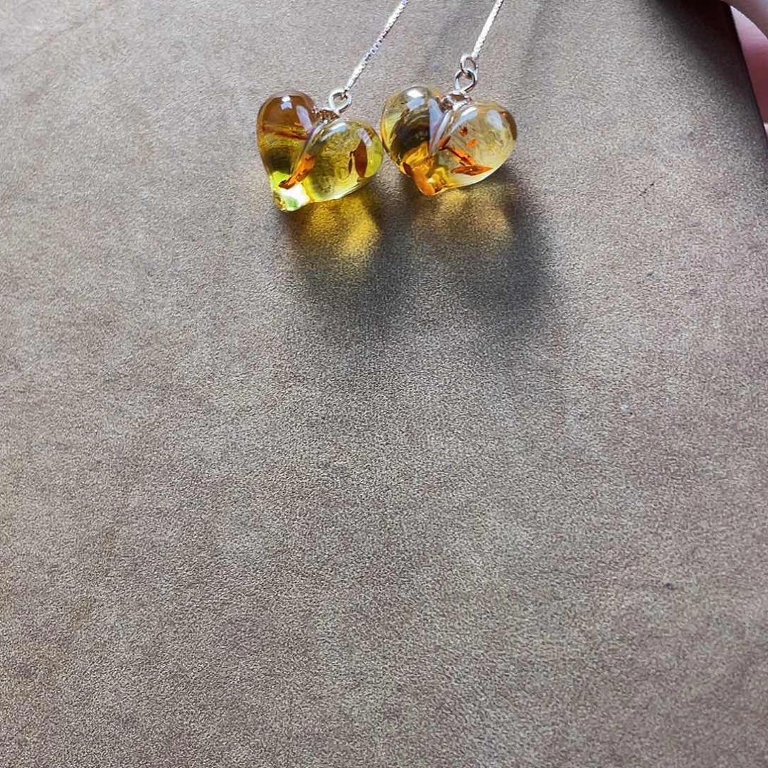 植物珀银S925镶嵌裸石花珀耳环