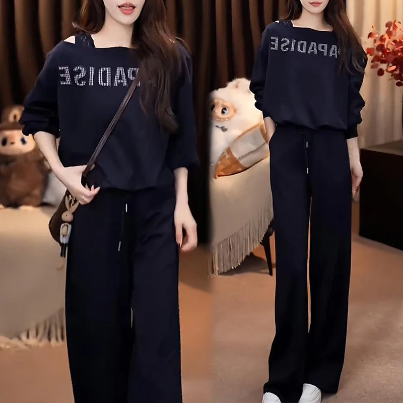 韩版时尚百搭套装女2025年春秋新款字母露肩长袖卫衣阔腿裤两件套