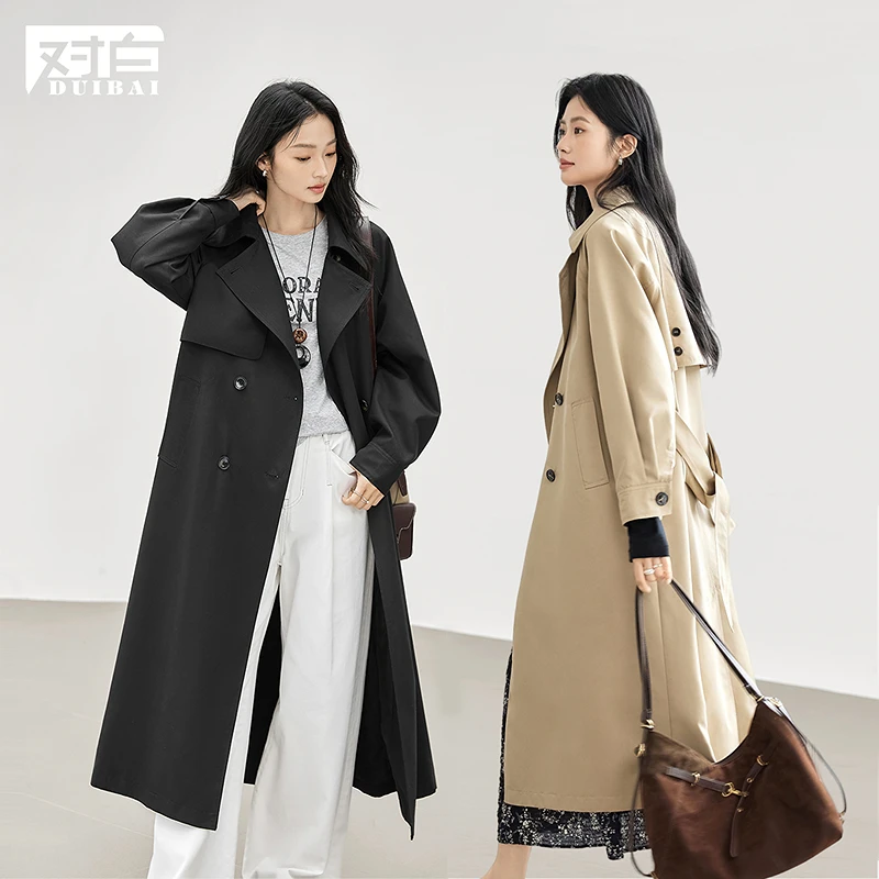 D01对白松弛感通勤长款风衣外套女休闲翻领大衣FDF013