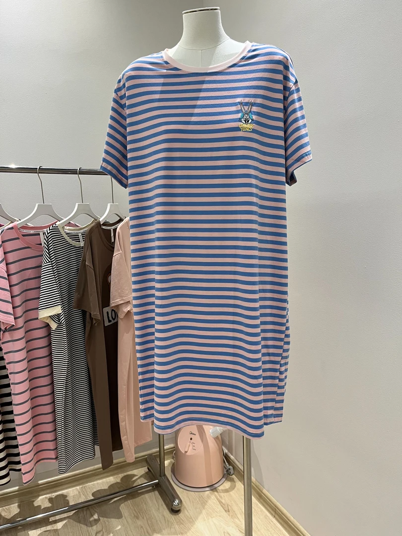 女士睡裙时尚休闲宽松条纹圆领短袖气质温柔薄款夏季爽棉可外穿