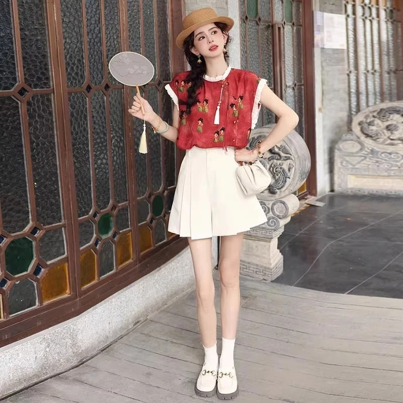 时尚短袖衬衫女2025夏季新款洋气显瘦国风木耳边小个子上衣小衫潮