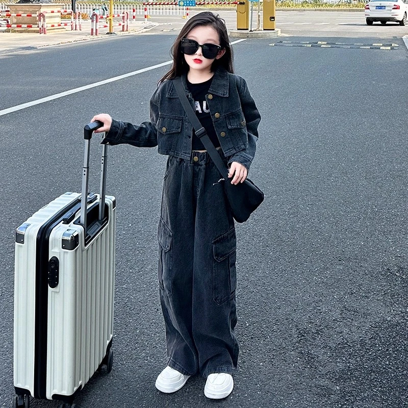 女童洋气时髦牛仔套装2025秋季新款女孩初秋宽松外套休闲裤两件套