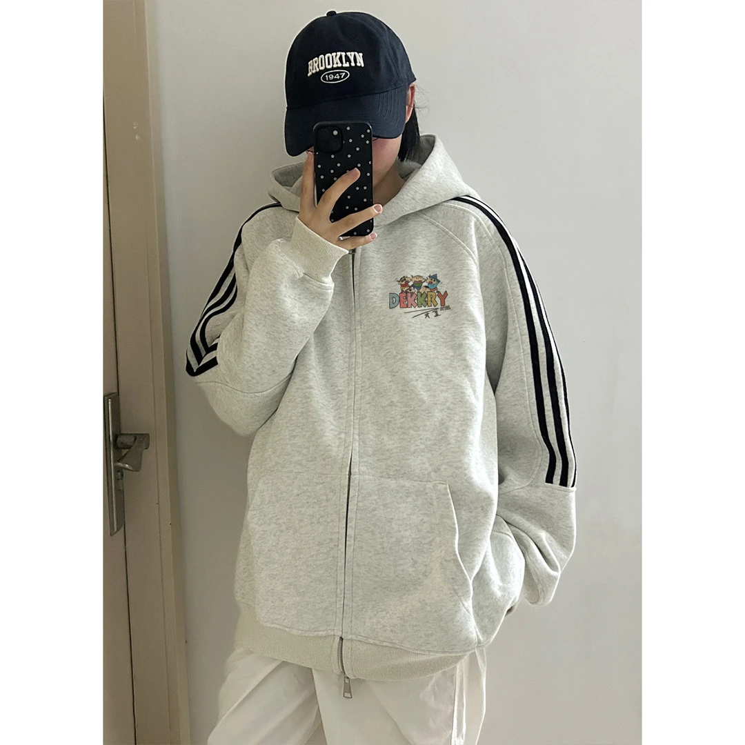 美式创意卡通动画印花开衫连帽卫衣男女秋冬三条杠休闲拉链外套