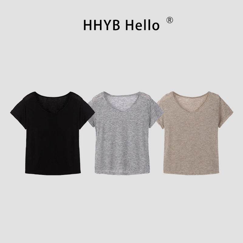 HHYB Hello爆款宽松显瘦V领短袖T恤2025新款设计感纯欲上衣250116