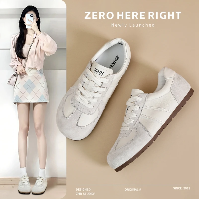 ZHR/则则真皮德训鞋女2025秋季新款轻便百搭休闲鞋透气复古小白鞋