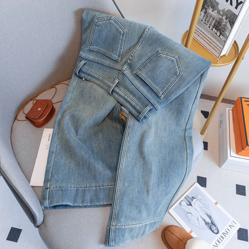 W971丹宁色不贴腿微喇牛仔裤女春夏新款高腰宽松拖地阔腿裤子女