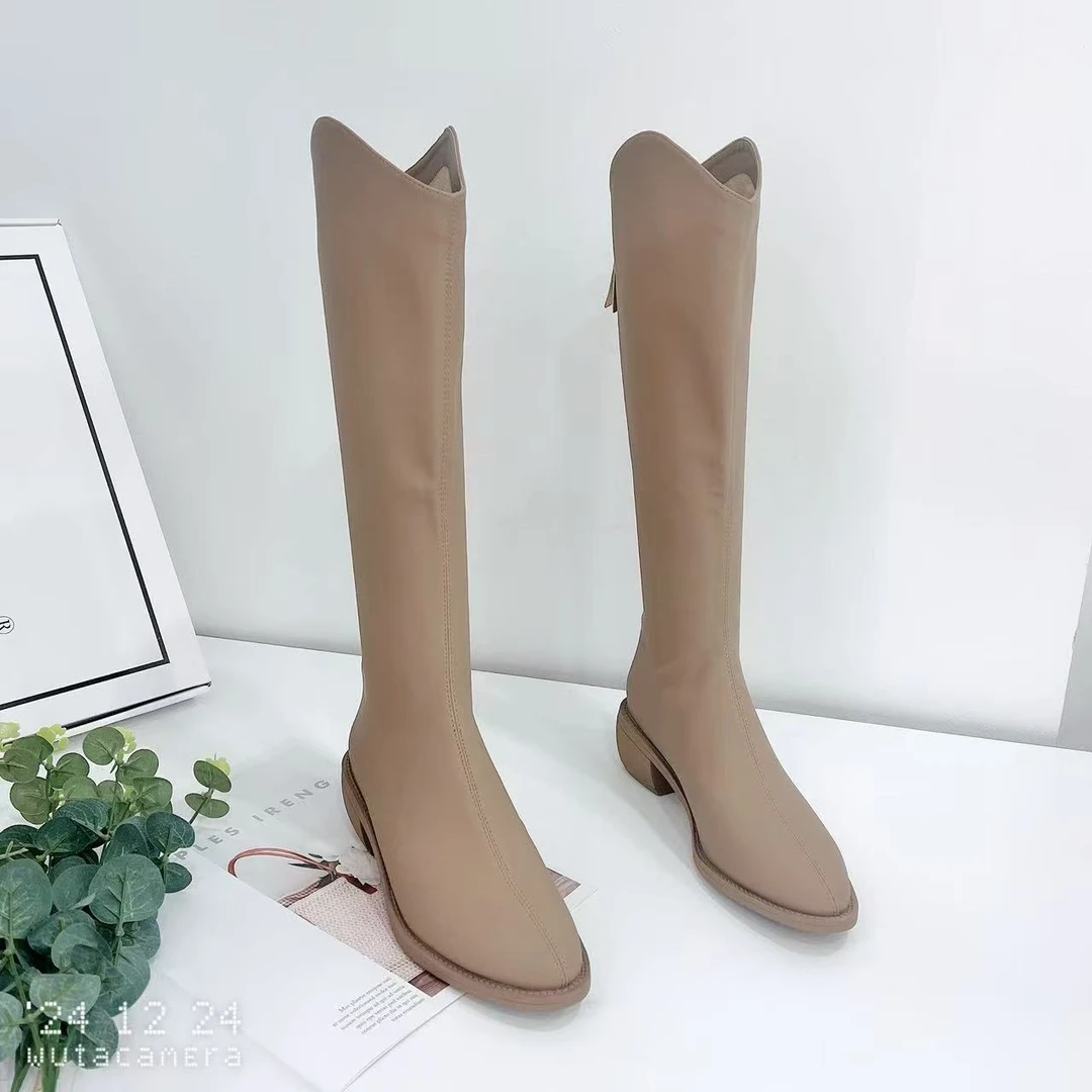 22-110 冬季新款时尚百搭尖头气质粗跟长靴四季款