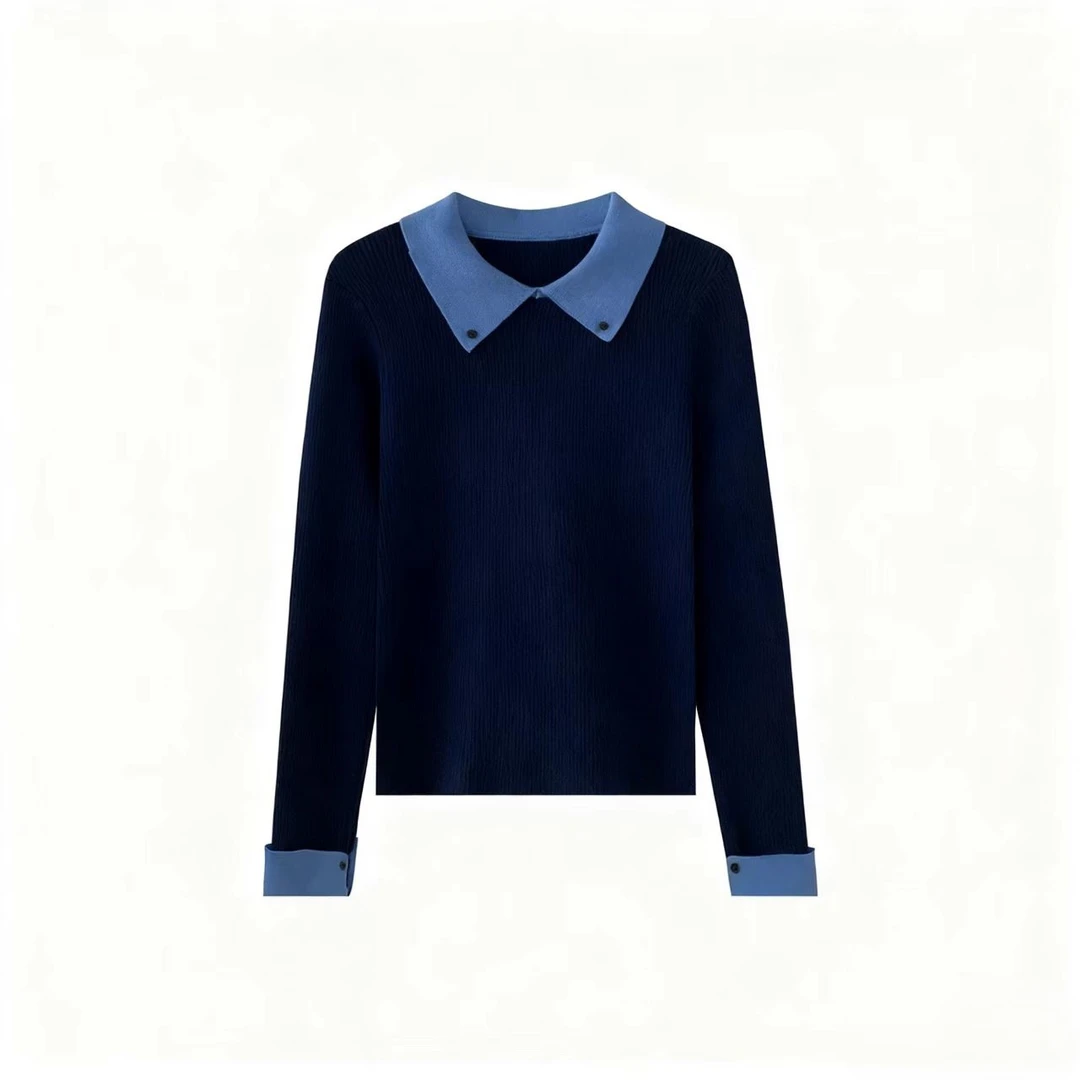 设计感别致修身显瘦内搭毛衣秋冬季新款Polo领撞色套头长袖针织衫