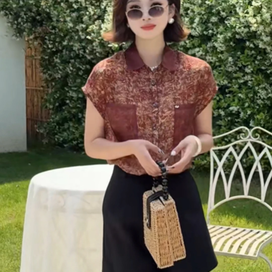 韩败女士透气冰凉夏季短袖时髦小翻领宽松百搭衬衫休闲衬衣上衣