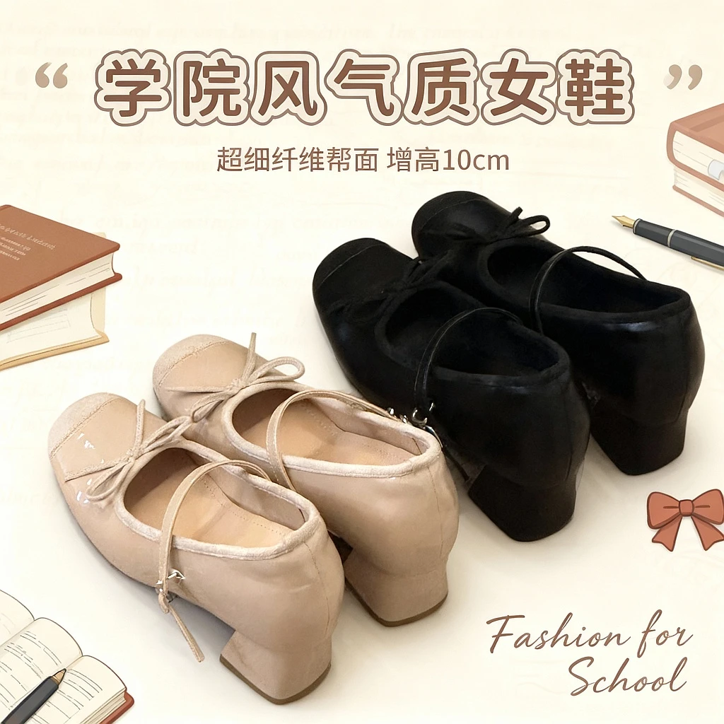 晚睡兰•内增高10cm蝴蝶结玛丽珍女鞋百搭粗跟晚晚风气质芭蕾舞鞋