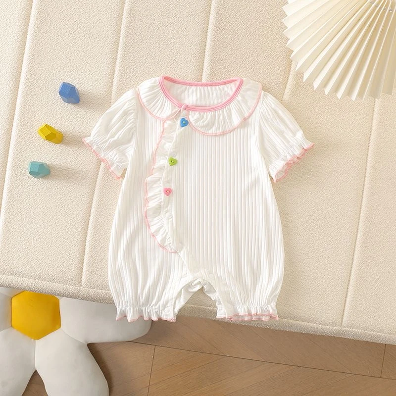 夏季新款哈衣婴儿连体衣洋气蕾丝领花边偏开短哈公主薄款