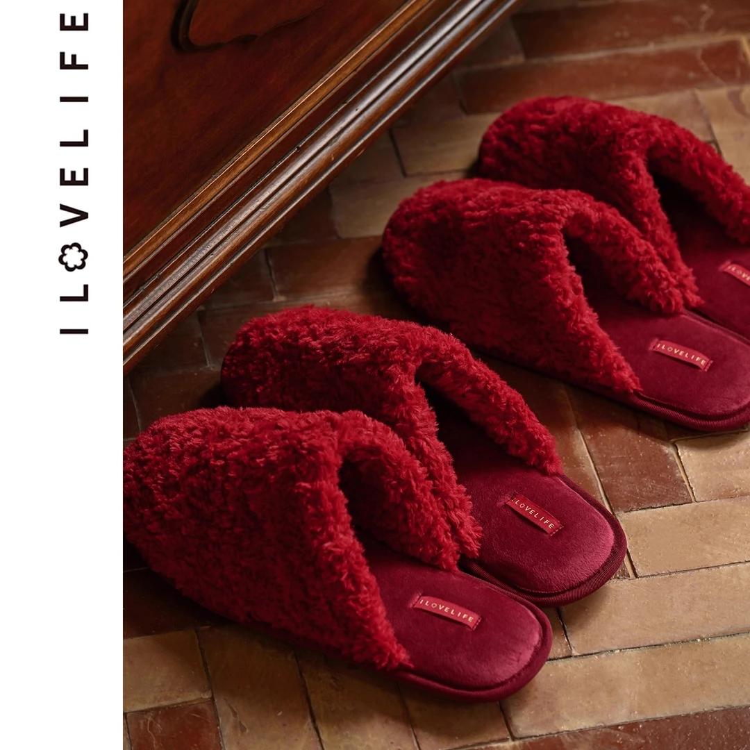 我爱生活红色拖鞋结婚一对新款毛绒棉拖女款男士新婚家居防滑秋冬