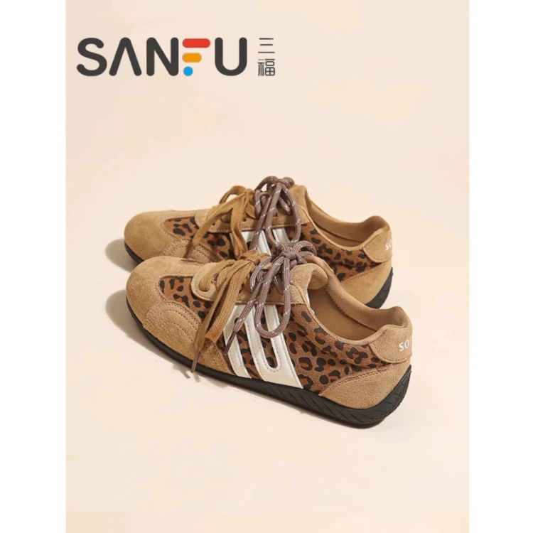 三福复古豹纹德训鞋女2025新款春秋薄底赛车鞋时尚舒适运动休闲鞋
