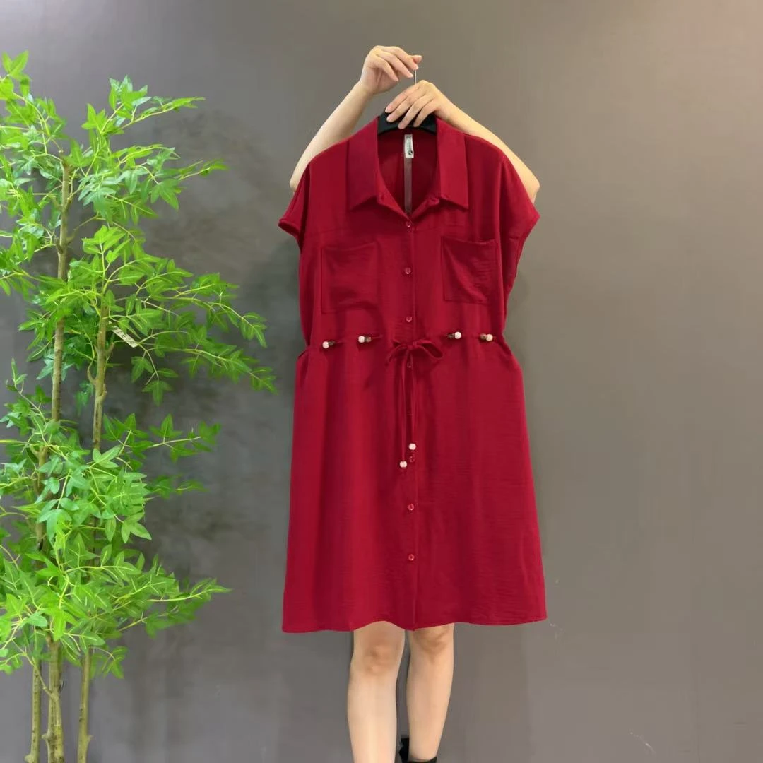 8635 韩版夏季新款串珠收腰通勤垂感系扣开襟连衣裙红色大码女装
