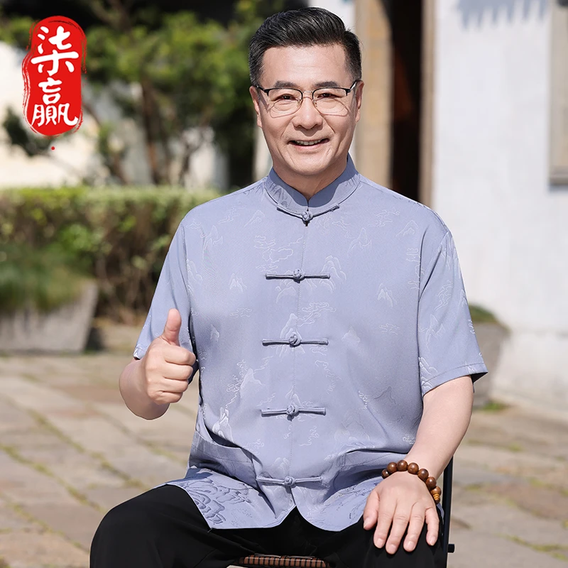 夏季短袖薄款唐装中国风休闲宽松上衣复古爸爸装中老年人夏装套装