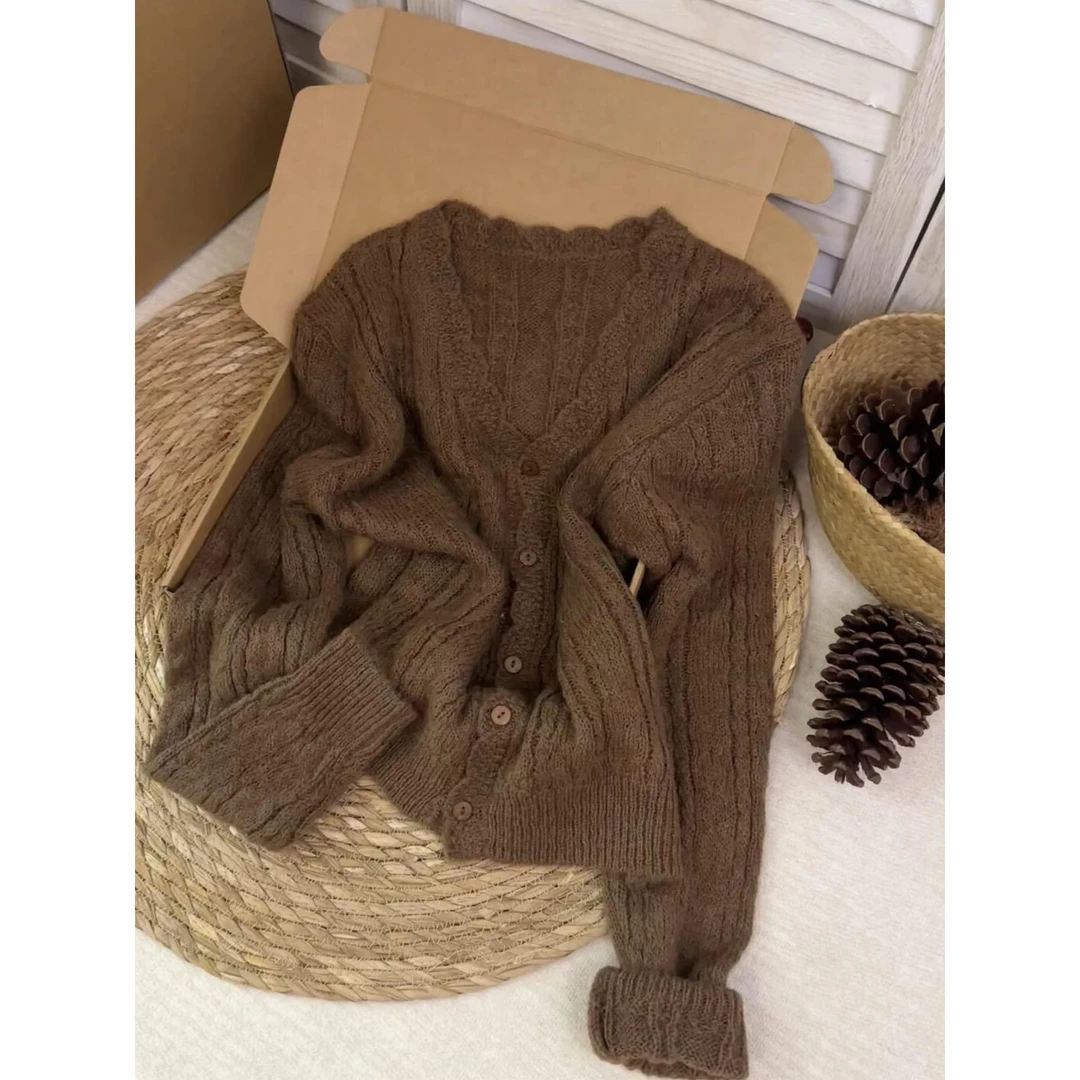 气质好的想转圈圈！美拉德咖棕色v领针织开衫女早秋冬季长袖气质上