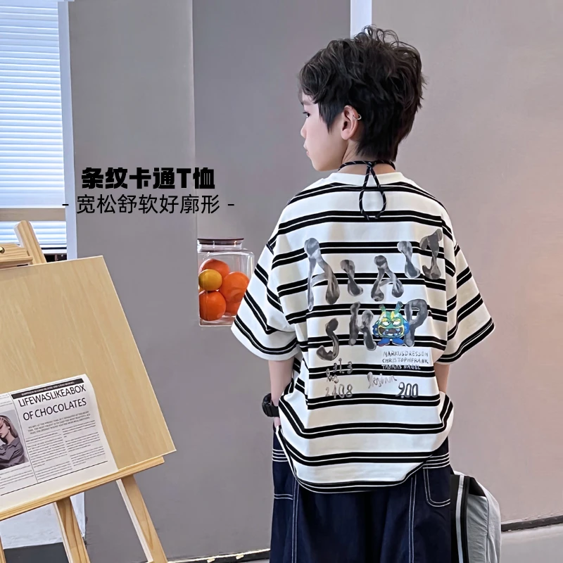 潮牌童装儿童男童休闲夏季宽松夏款卡通条纹T短袖T恤5049739O7