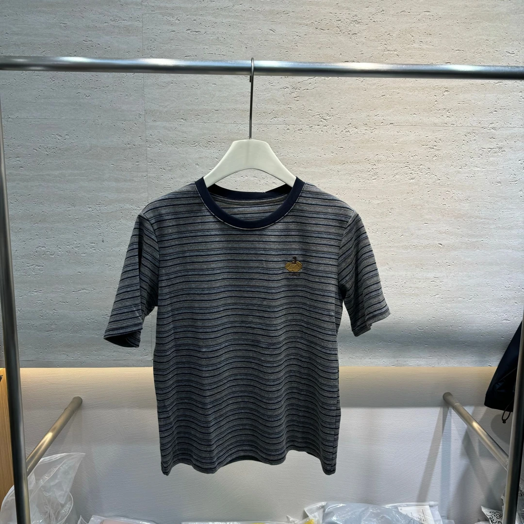 韩系条纹南瓜刺绣 撞色圆领短袖T女早秋时尚软糯毛衣潮