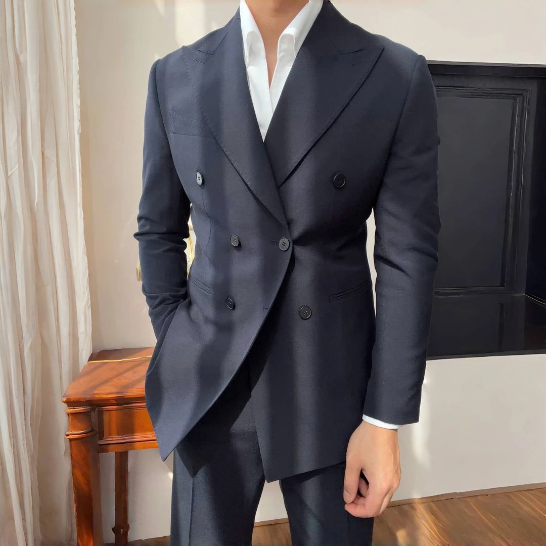 春夏新款多色休闲绅士那不勒斯戗驳领双排扣西服套装935