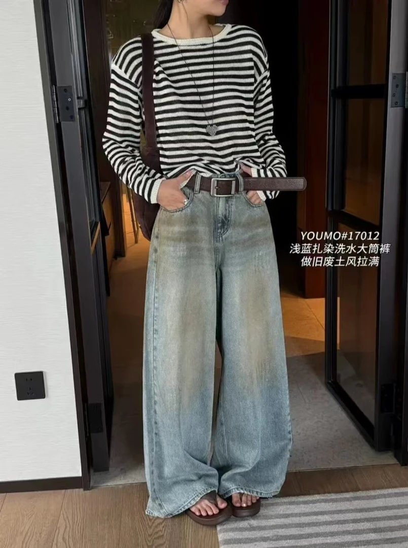 【现货+运费险】新款复合绒废土风做旧反季色阔腿牛仔裤