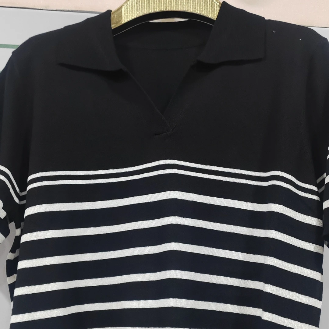 长袖法式夏季条纹宽松型毛针织衫衬衫运动polo翻领