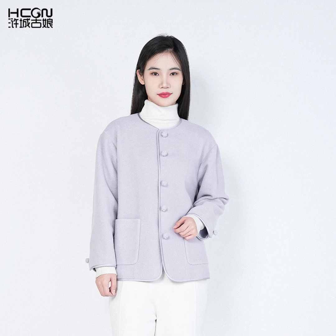 100绵羊毛气质圆领高级感舒适百搭短款如梦中式外套HASS070001