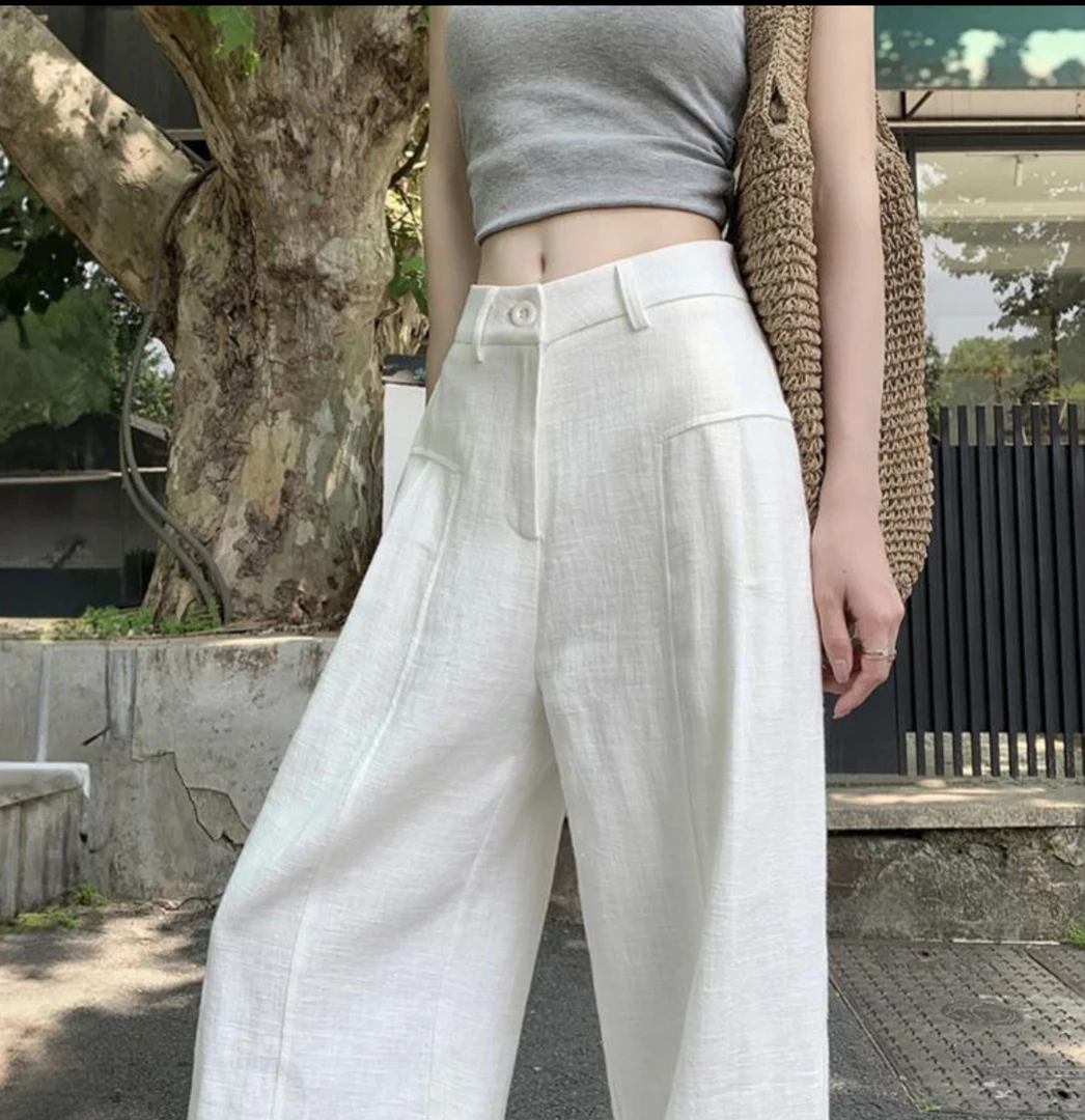 白色苎麻阔腿裤女2025夏季薄款高腰垂感老钱风西装亚麻休闲裤9966