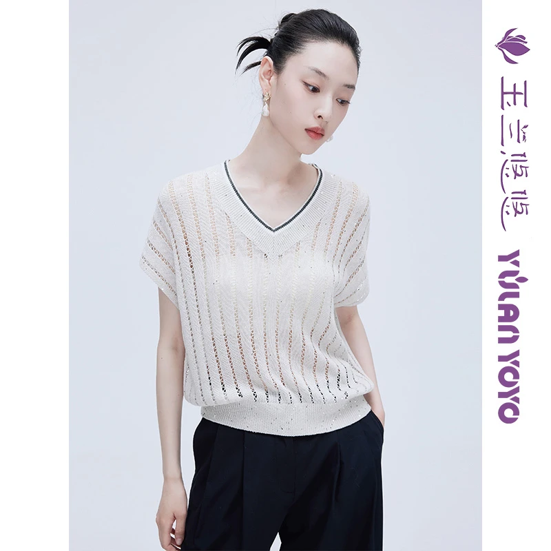 玉兰悠悠2025新款夏V领珠片针织上衣莱赛尔慵懒风休闲打底衫女