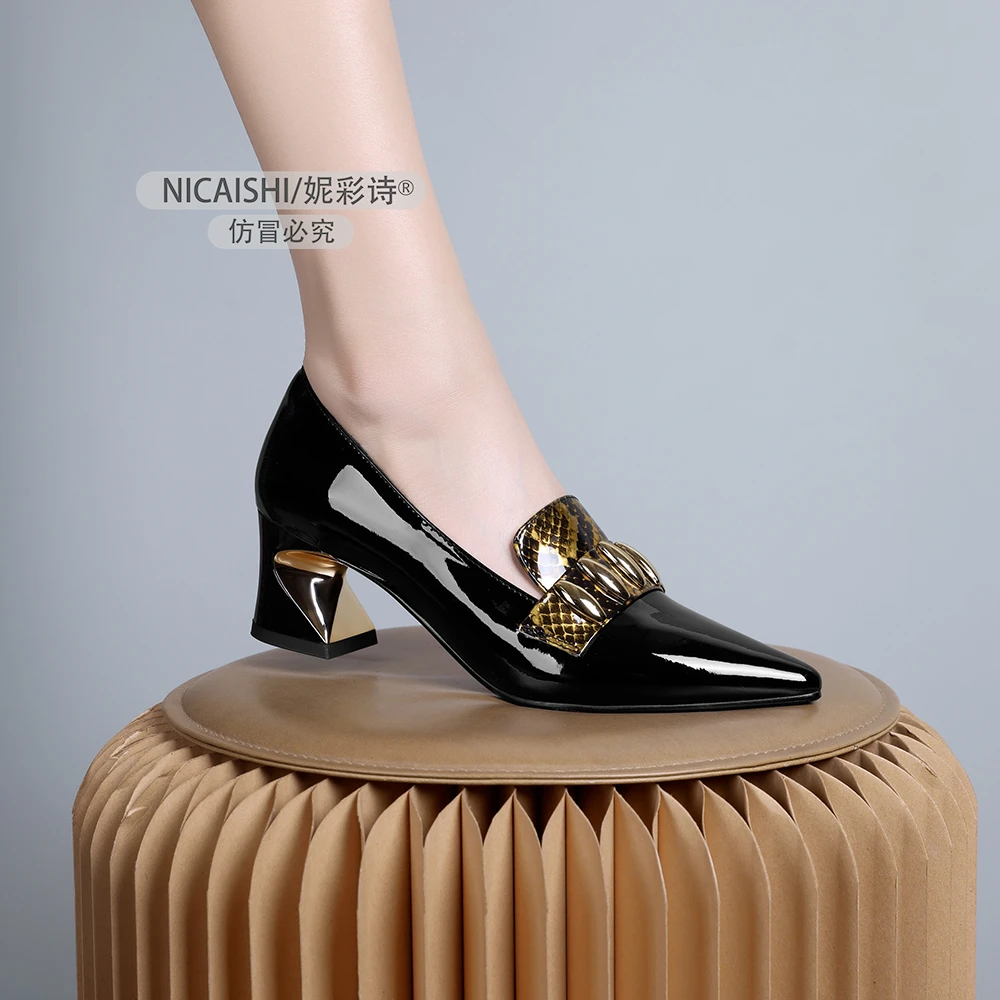 2025年新款欧美时尚气质尖头粗跟一脚蹬舒适百搭女士软皮单鞋1002