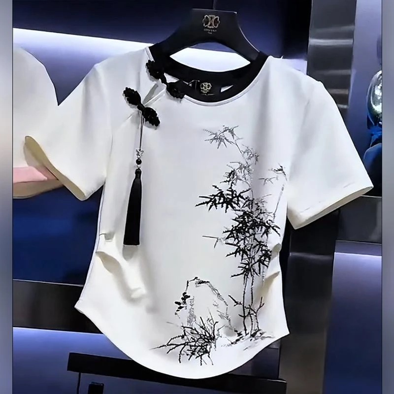 国风烫钻墨竹短袖恤女2024夏季复古小个子短款收腰休闲显瘦上睡衣