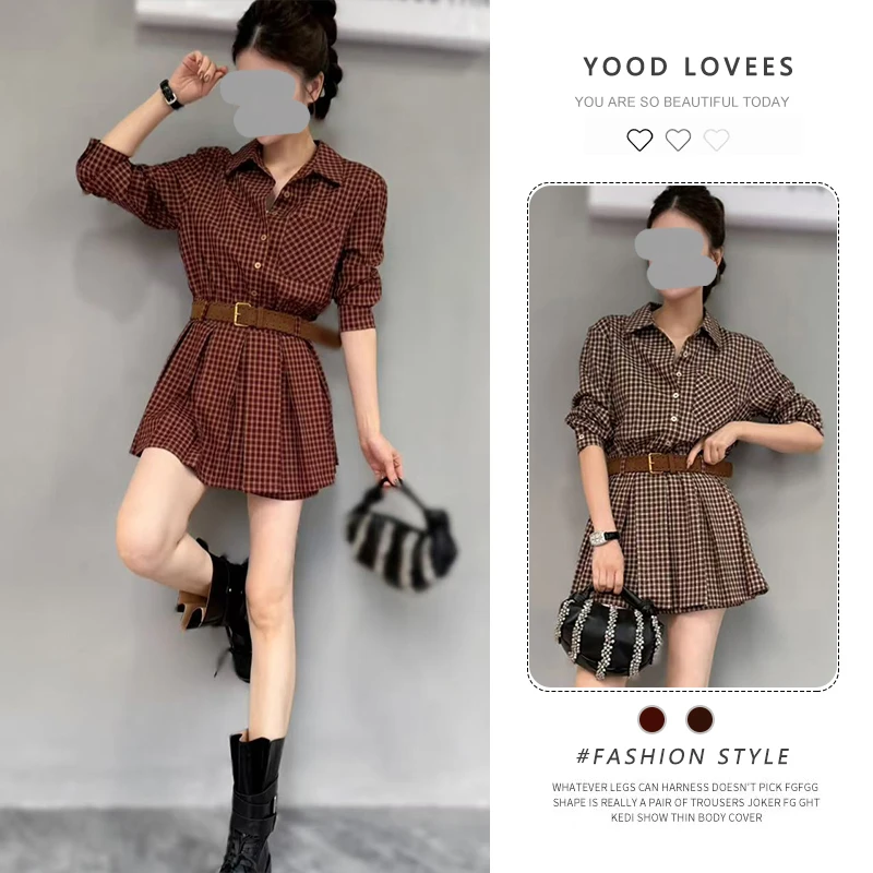 今年流行套装裙2025新款超火复古格纹百褶衬衫连衣裙+短裤两件套
