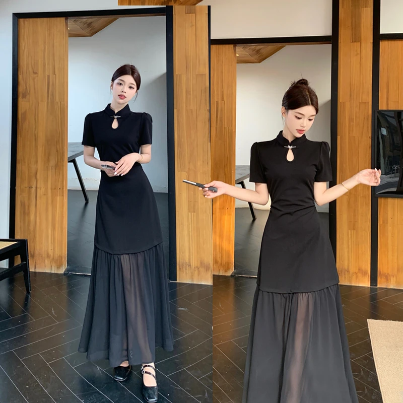 大码夏季新中式国风旗袍裙气质黑色显瘦网纱裙摆拼接连衣裙