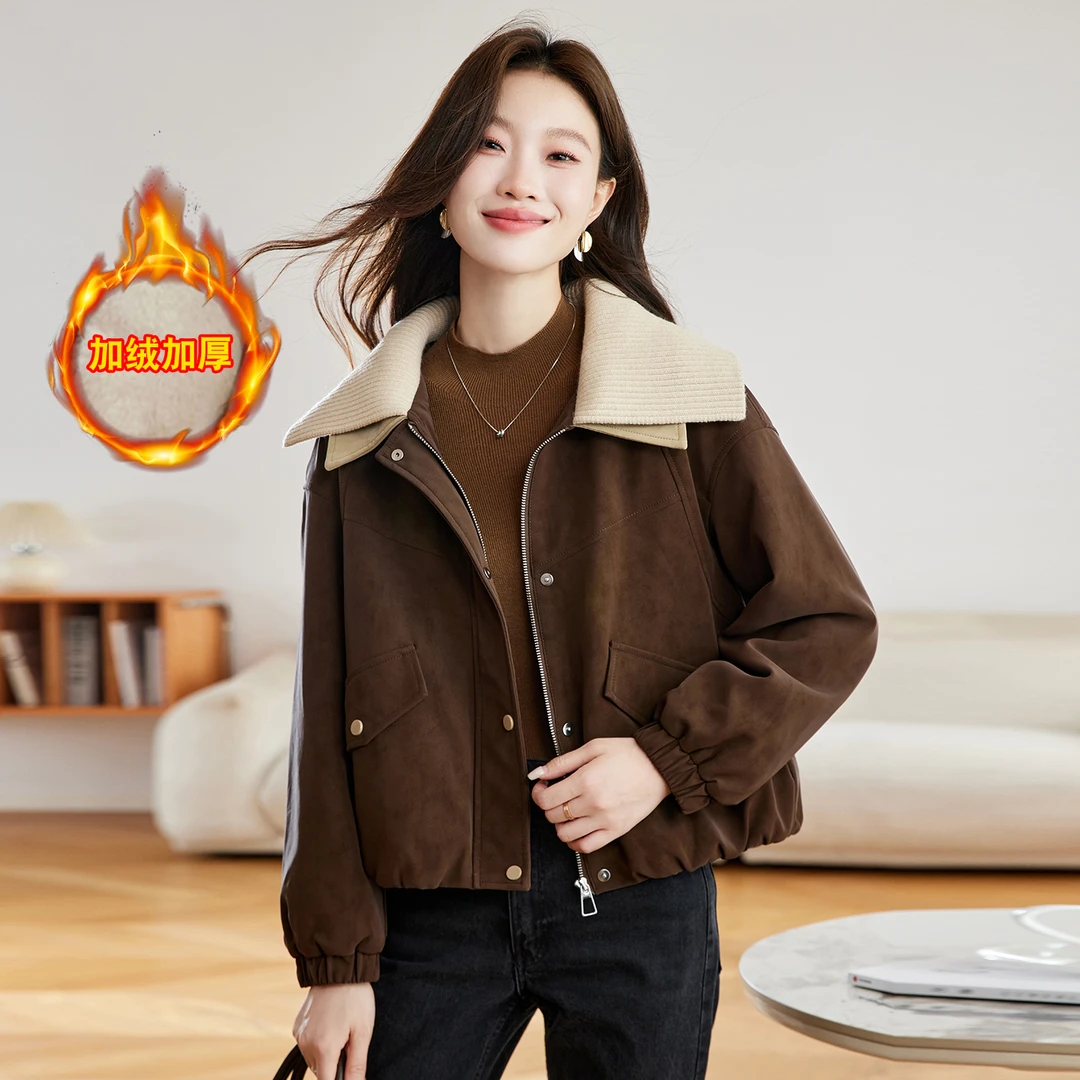 复古咖色加绒加厚鹿皮绒外套女2025秋冬新款洋气减龄针织翻领棉服