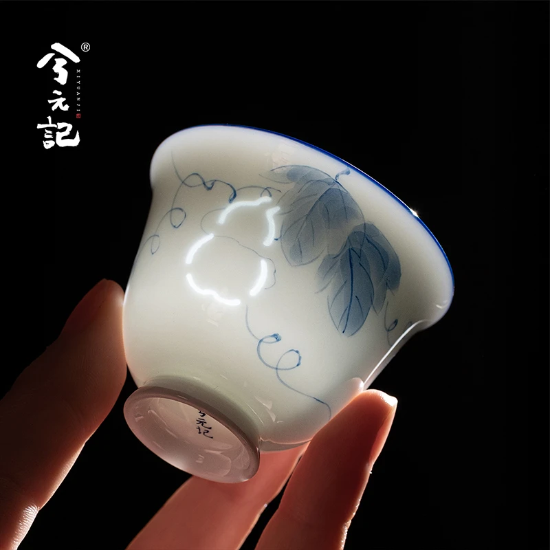兮元记羊脂玉瓷玲珑茶杯陶瓷主人杯单杯手绘葫芦品茗杯喝茶杯子