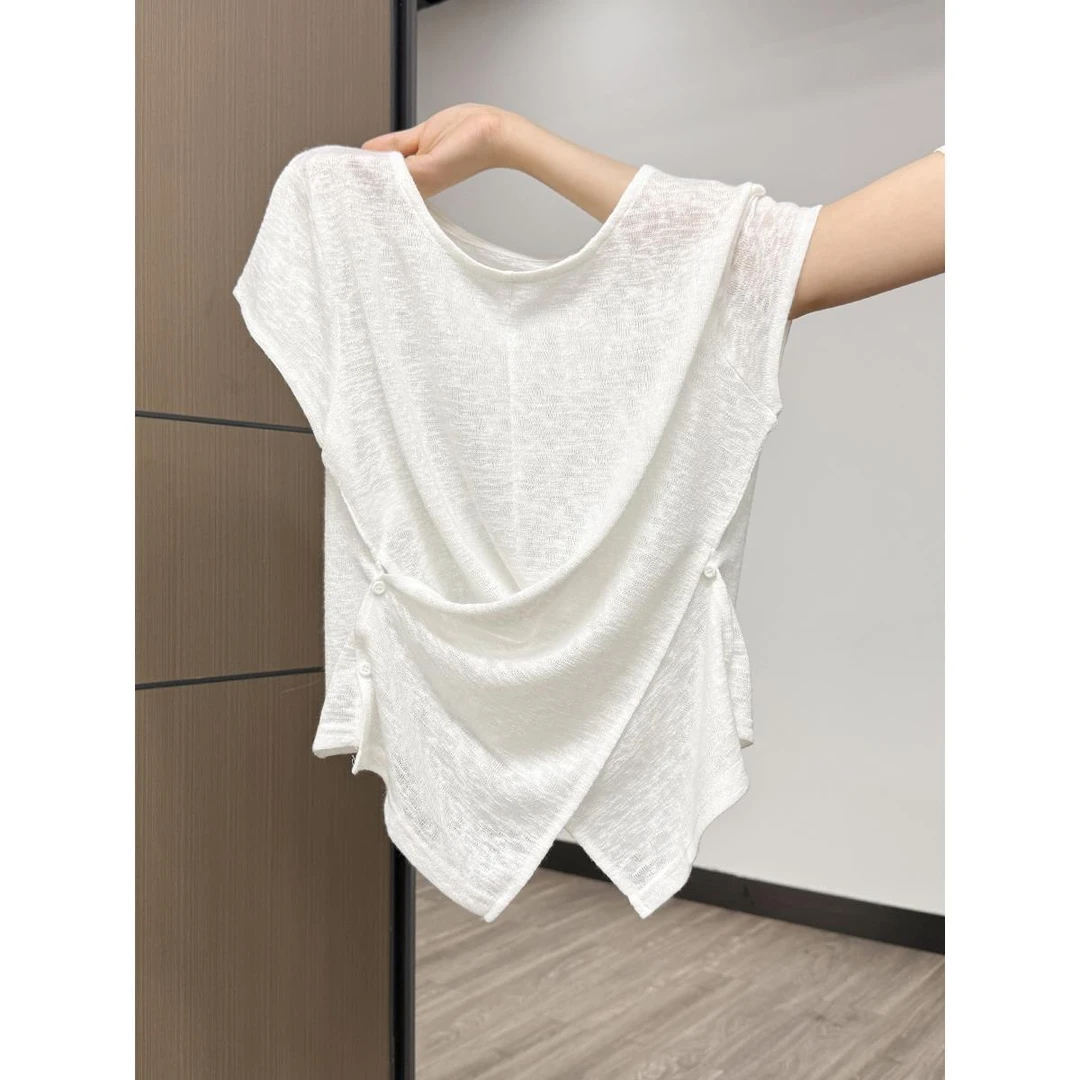 白色微透纽扣圆领短袖T恤女2025夏季新款设计感修身显瘦绝美上衣