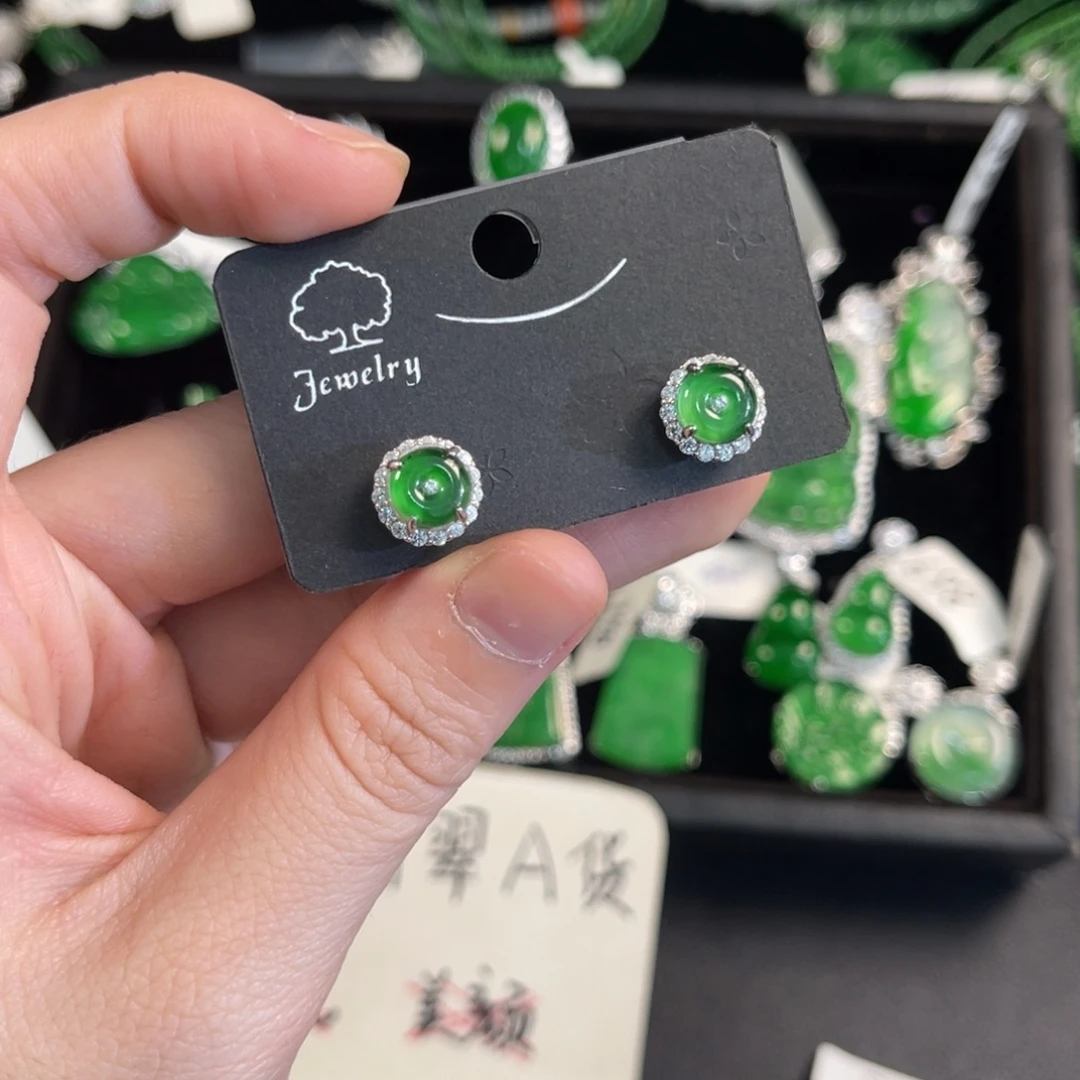 翡翠银S925镶嵌戒指翡翠耳钉