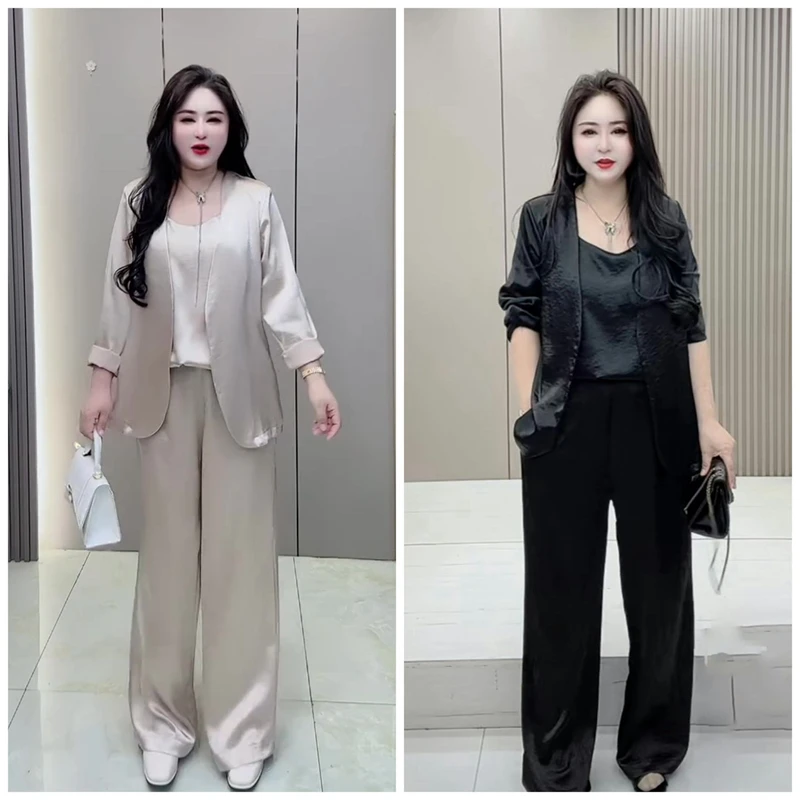 胖mm大码女装春季新款时尚气质休闲显瘦西装外套吊带裤子三件套装