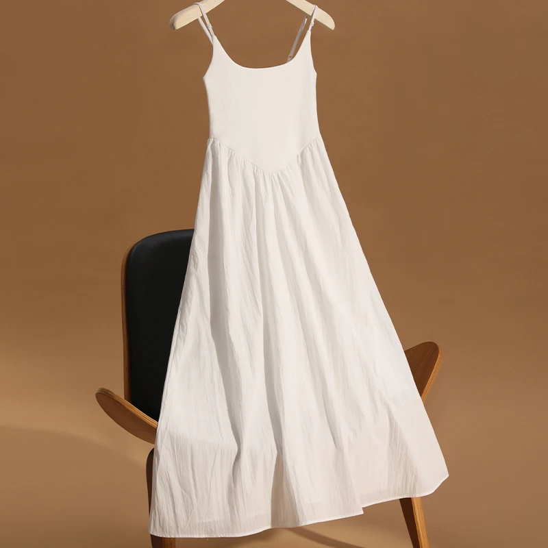 艾格温柔U领吊带连衣裙女2025夏季新款收腰A字长裙韩系初恋小白裙