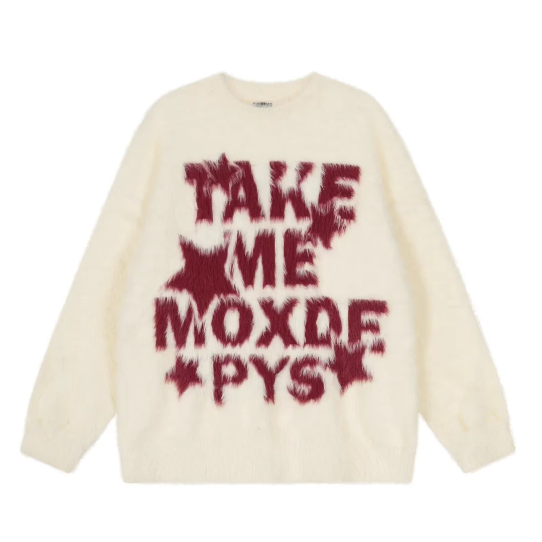 美式街头情侣时尚毛衣字母设计提花加针织衫秋冬宽松慵懒风圆领