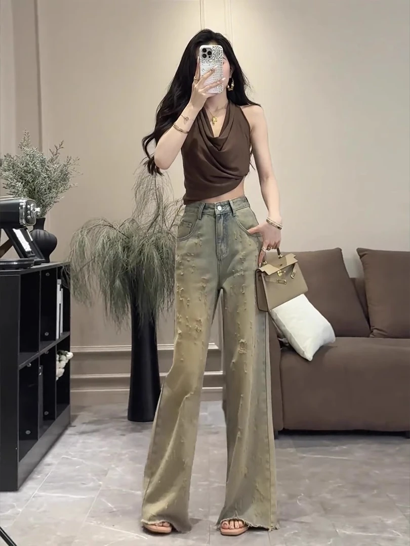 【HANAONI】做旧泥染重工破洞牛仔长女2025夏新款宽松拖地裤