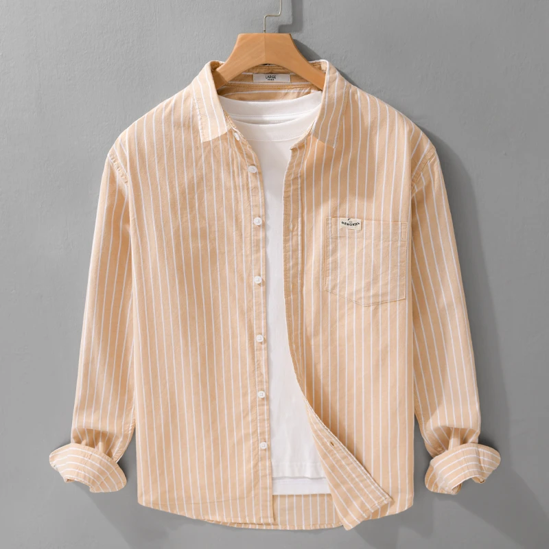 男士条纹衬衫春季纯棉长袖休闲衬衣宽松百搭显瘦时尚潮流男装上衣