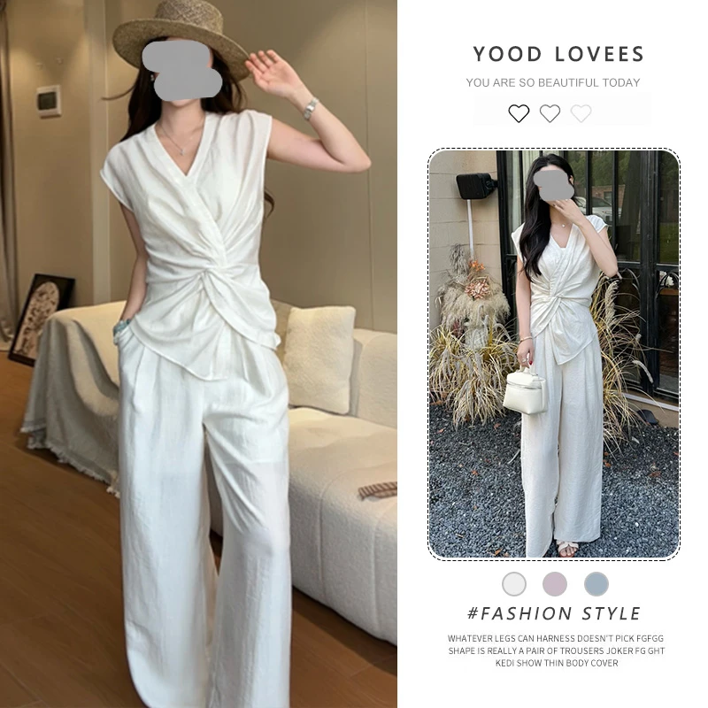 韩系高级感套装女不对称扭结V领上衣一整套ootd穿搭新款气质长裤