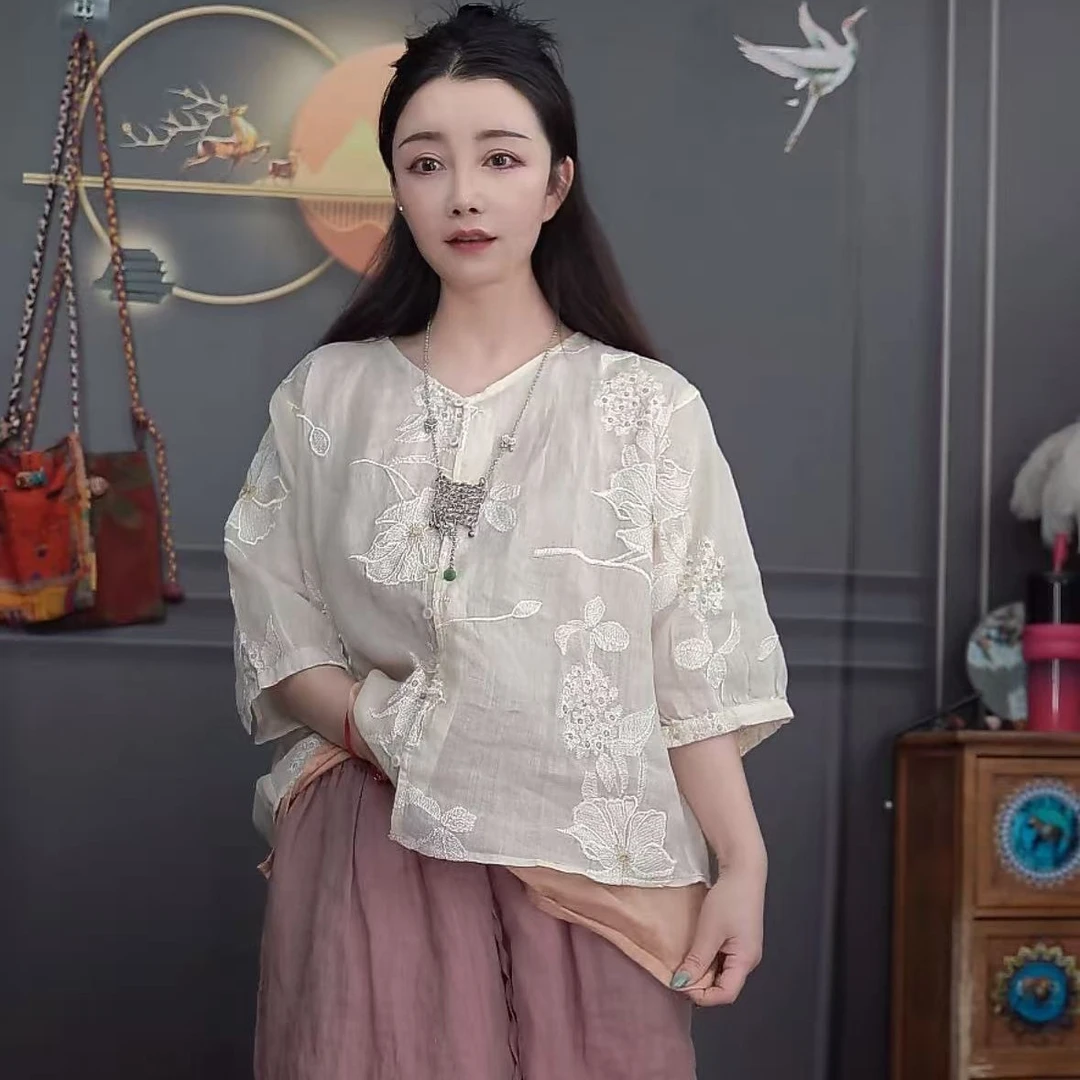 39907高品质原创轻薄苏绣提花苎麻女防晒衬衫复古百搭宽松上衣