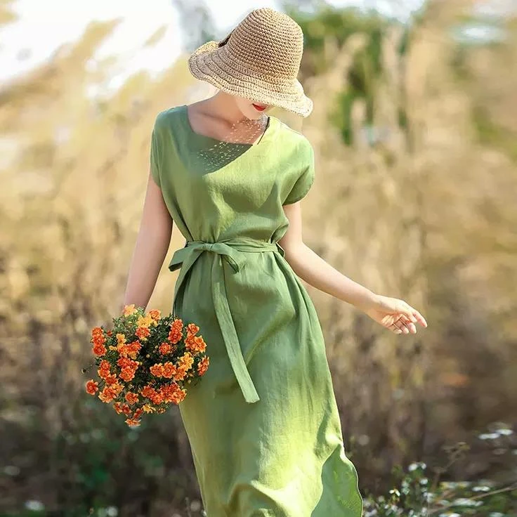 森系宽松连衣裙女夏2025新款气质减龄短袖亚裙子小个子长裙